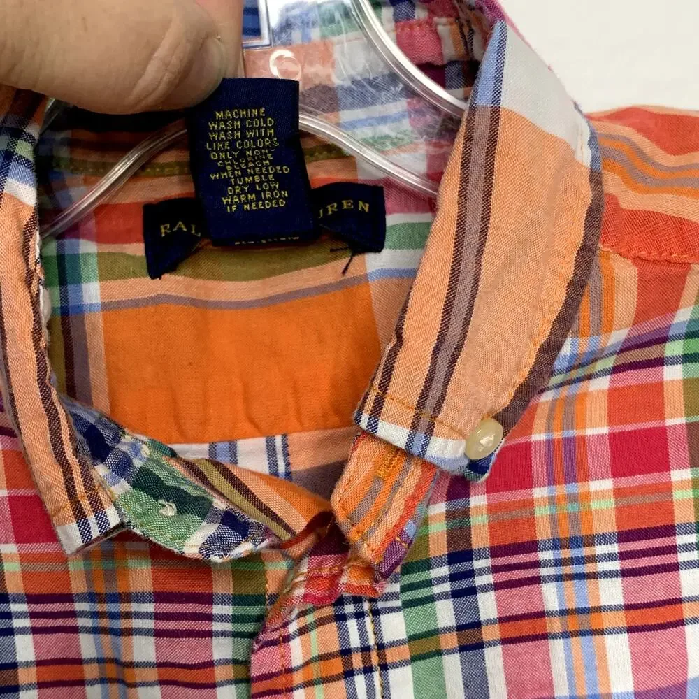 Ralph Lauren Baby Boys 2T Orange Pink White Green Plaid Button Up Preppy Shirt